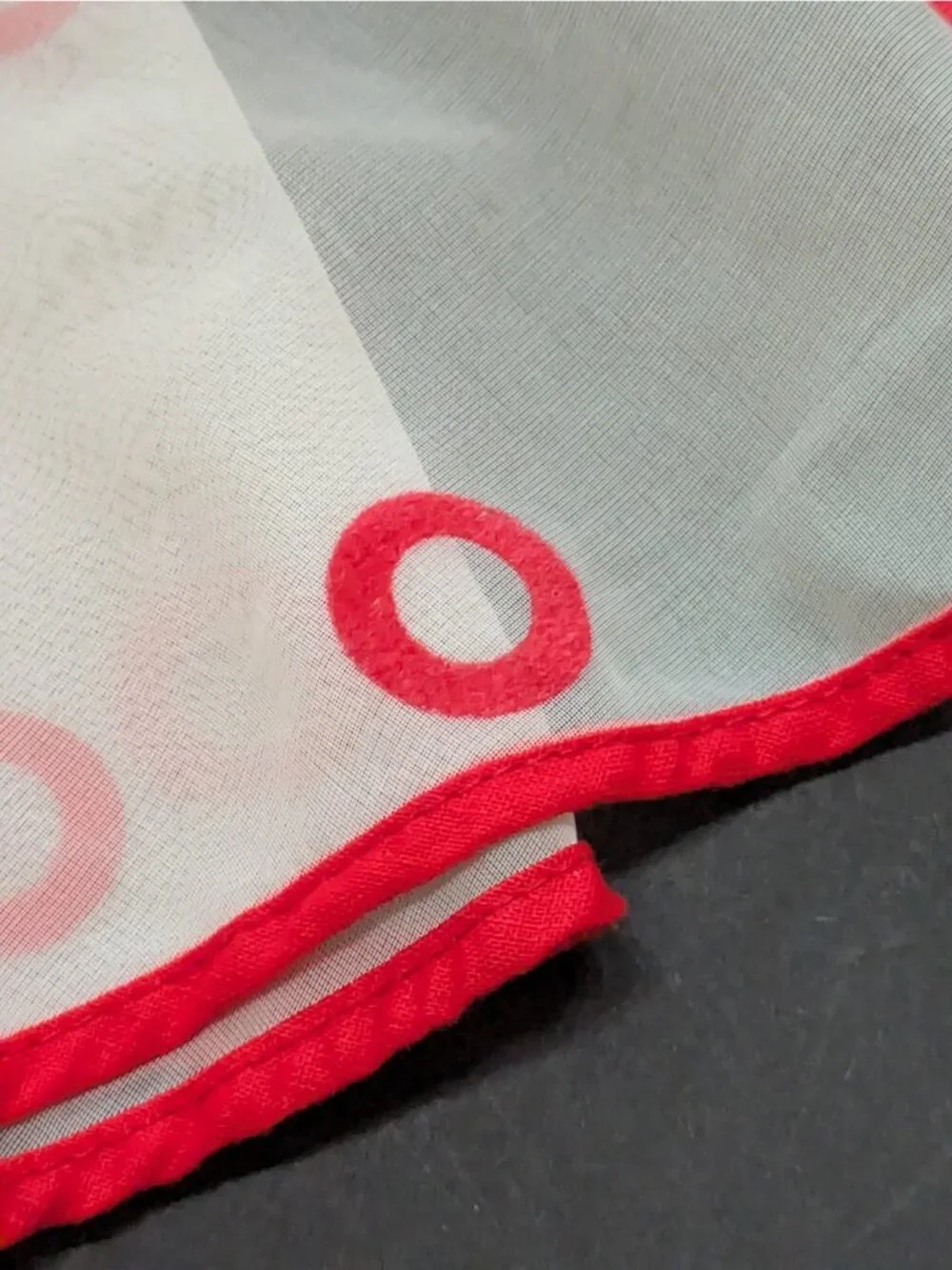 Vintage Sheer White Half Apron Embroidered Red Circles and Piping Polka Dot